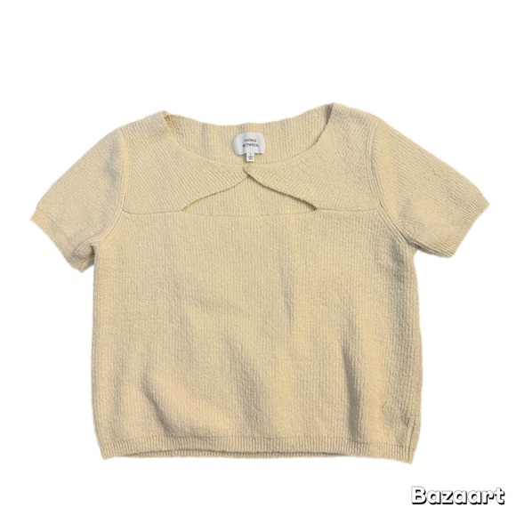 Things Between Tops - Things Between Short Sleeve Cream Sweater Top Blouse Ribbed Knit Keyhole Button